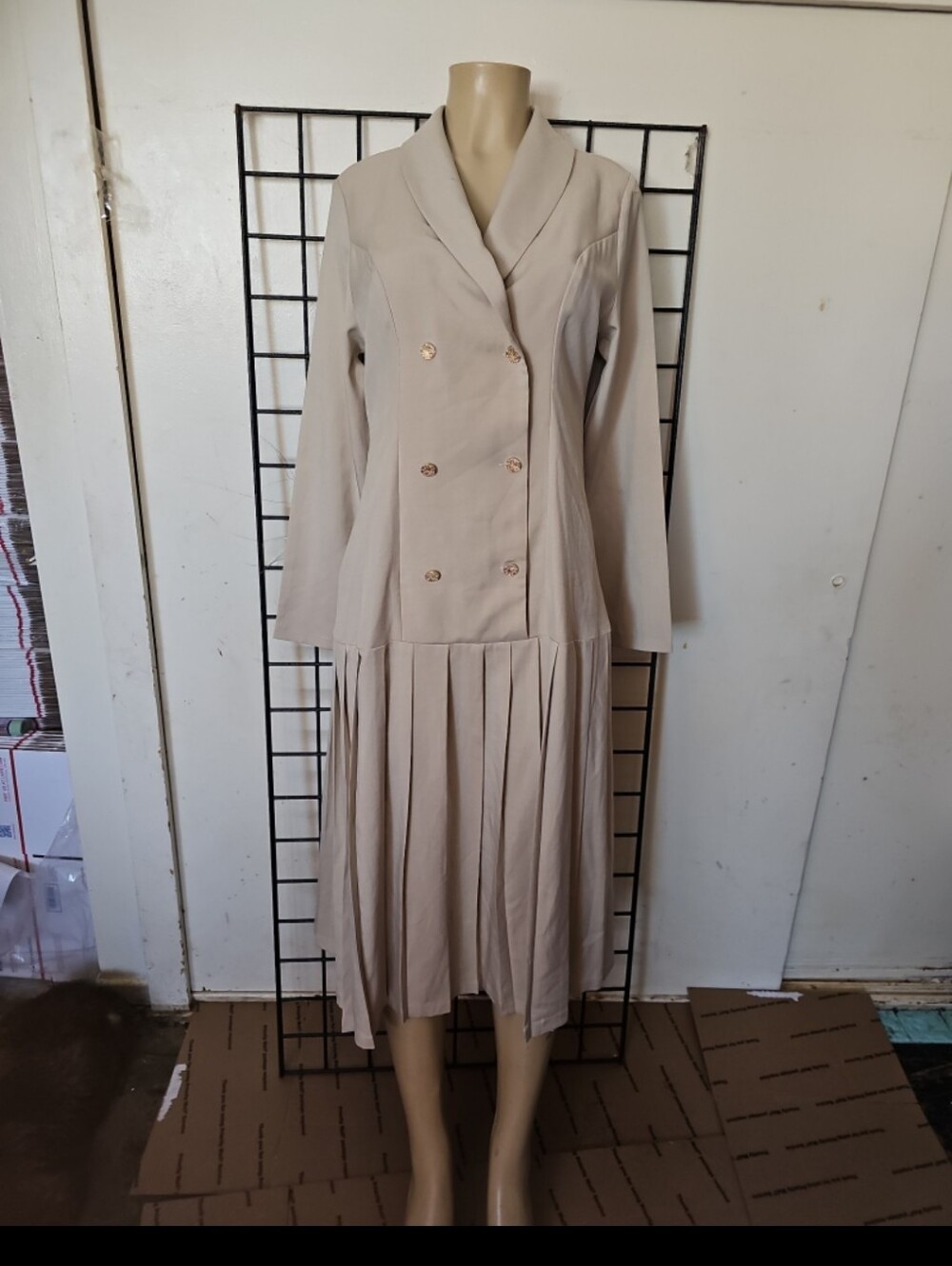 SHEIN Light Beige Double-Breasted Pleated Long Sleeve Midi Dress